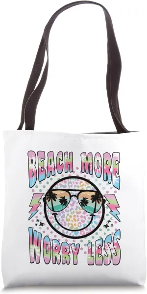 Retro Leopard Happy Face "Beach More Worry Less" Sunglasses Tote Bag