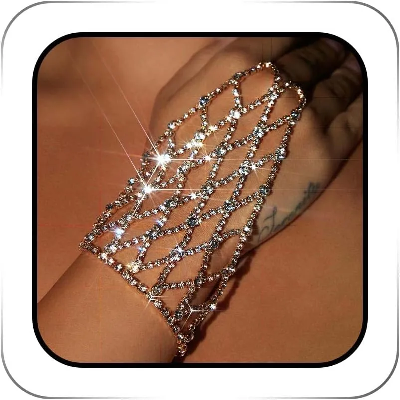 Rhinestone Ring Bracelets Crystal Wedding Bangle Hand Chain Silver Finger Ring Link Bracelet Sparkly Full Hand Harness Slave Chain Hand Jewelry for Women