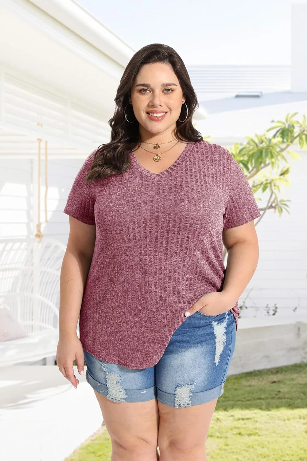 RITERA Plus Size Tops for Women Short Sleeve V Neck Solid Loose Ribbed T Shirts Causual Tunics Summer Tie Dye Blouse XL-5XL