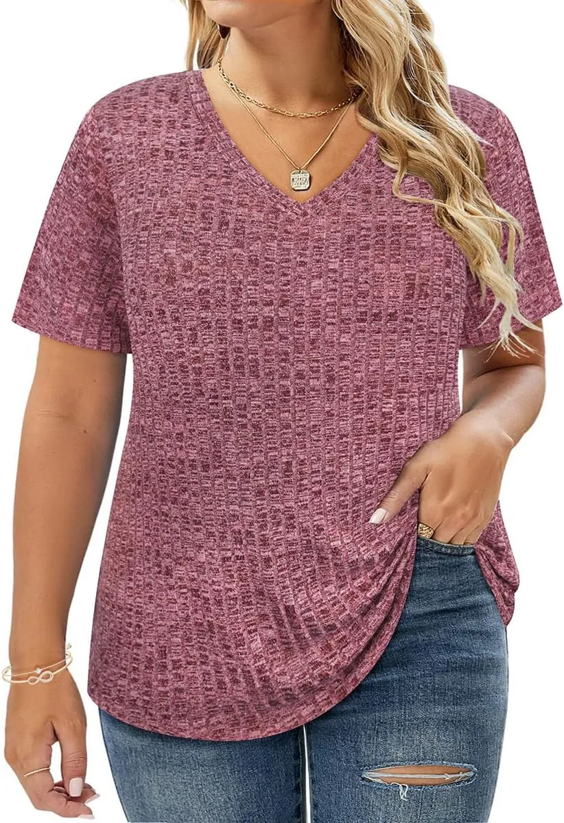 RITERA Plus Size Tops for Women Short Sleeve V Neck Solid Loose Ribbed T Shirts Causual Tunics Summer Tie Dye Blouse XL-5XL