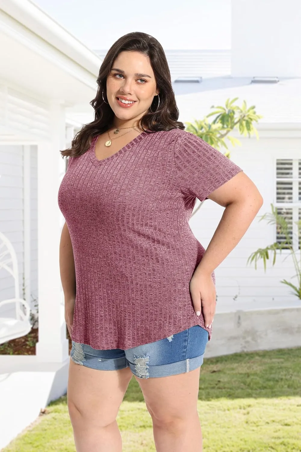 RITERA Plus Size Tops for Women Short Sleeve V Neck Solid Loose Ribbed T Shirts Causual Tunics Summer Tie Dye Blouse XL-5XL