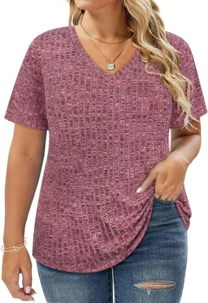 RITERA Plus Size Tops for Women Short Sleeve V Neck Solid Loose Ribbed T Shirts Causual Tunics Summer Tie Dye Blouse XL-5XL