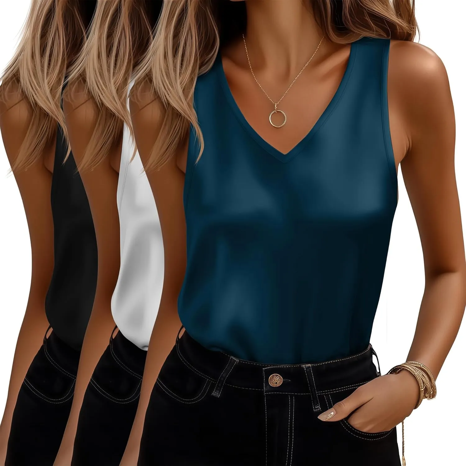 Riyiper 3 Pack Women's Silk Satin Tank Tops, Sleeveless V Neck Cami Summer Casual Camisole Loose Fit Basic Blouses Shirt