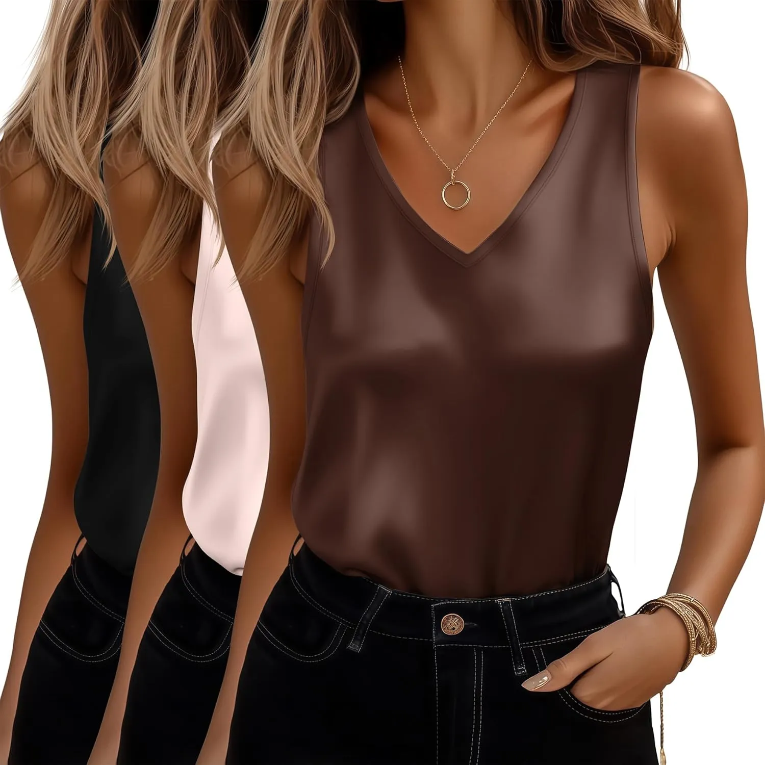 Riyiper 3 Pack Women's Silk Satin Tank Tops, Sleeveless V Neck Cami Summer Casual Camisole Loose Fit Basic Blouses Shirt