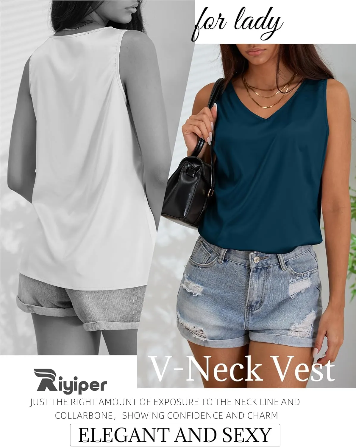 Riyiper 3 Pack Women's Silk Satin Tank Tops, Sleeveless V Neck Cami Summer Casual Camisole Loose Fit Basic Blouses Shirt