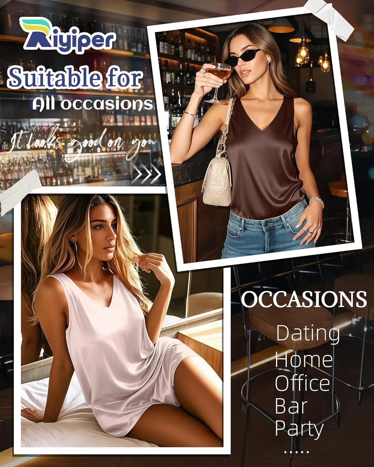 Riyiper 3 Pack Women's Silk Satin Tank Tops, Sleeveless V Neck Cami Summer Casual Camisole Loose Fit Basic Blouses Shirt