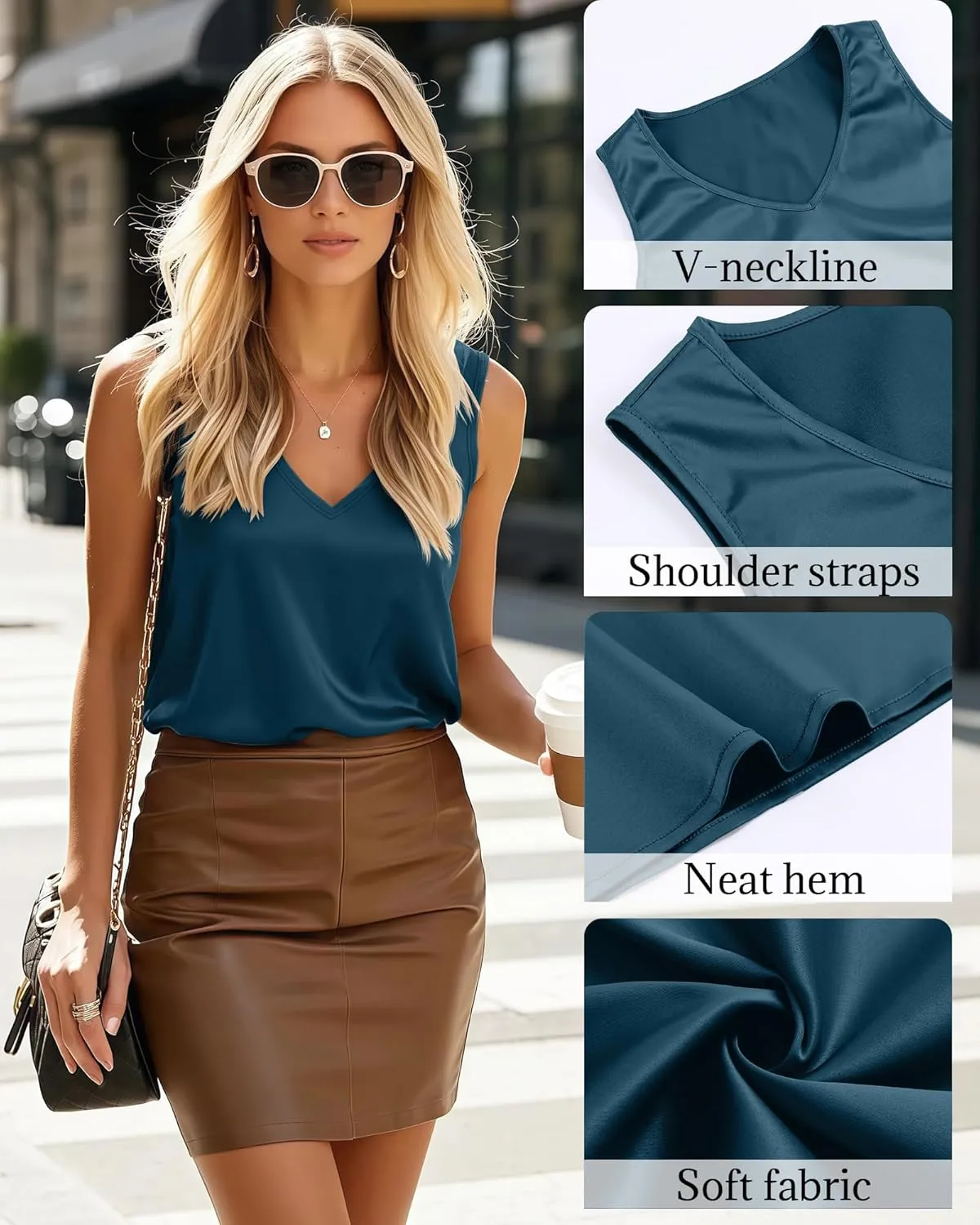 Riyiper 3 Pack Women's Silk Satin Tank Tops, Sleeveless V Neck Cami Summer Casual Camisole Loose Fit Basic Blouses Shirt