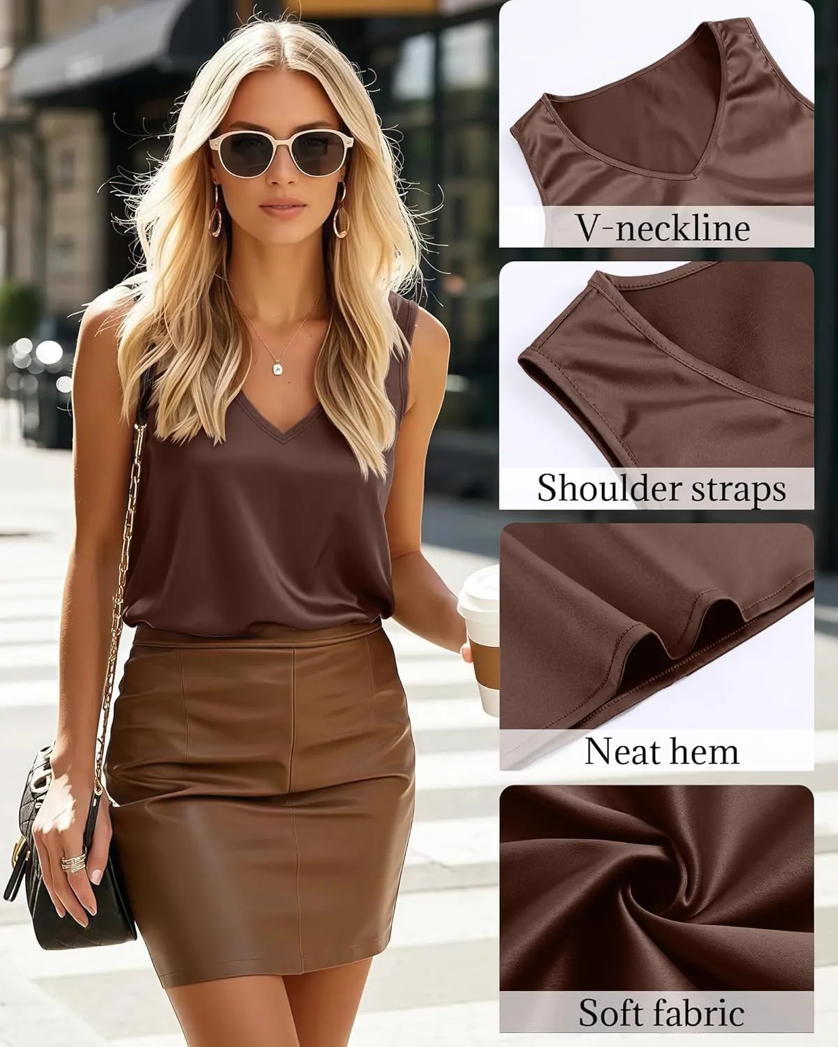 Riyiper 3 Pack Women's Silk Satin Tank Tops, Sleeveless V Neck Cami Summer Casual Camisole Loose Fit Basic Blouses Shirt