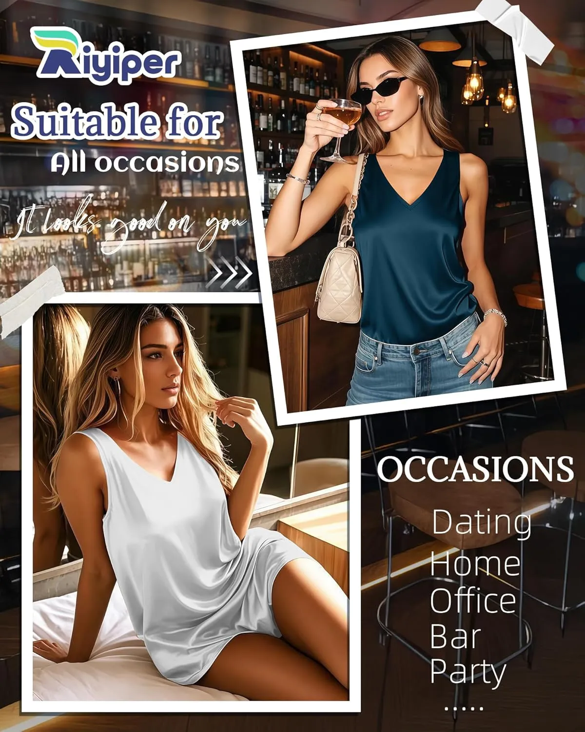 Riyiper 3 Pack Women's Silk Satin Tank Tops, Sleeveless V Neck Cami Summer Casual Camisole Loose Fit Basic Blouses Shirt