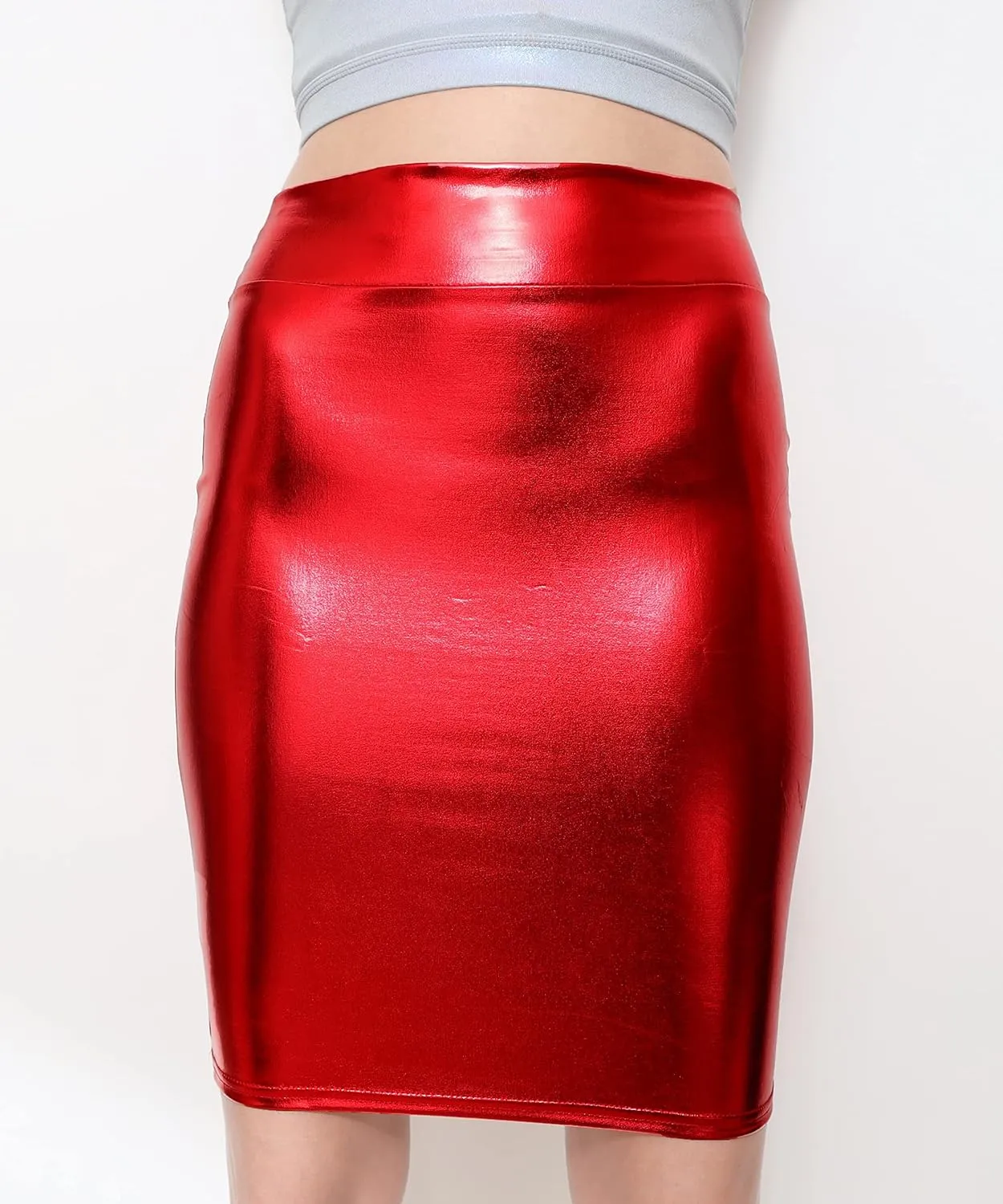 SACASUSA High Waisted Shiny Metallic Liquid Wet Look Pencil Skirt 10 Colors