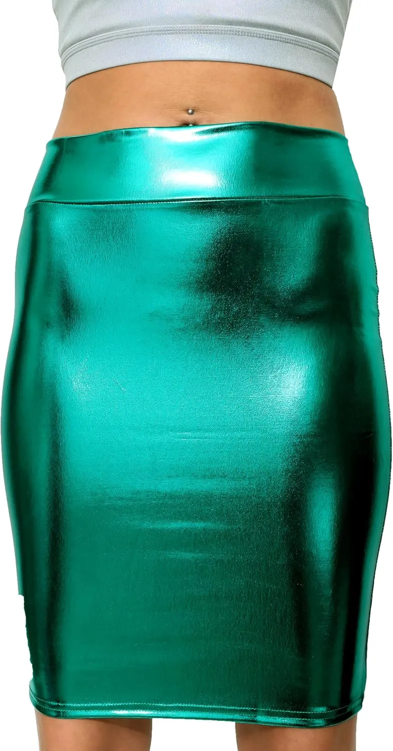 SACASUSA High Waisted Shiny Metallic Liquid Wet Look Pencil Skirt 10 Colors