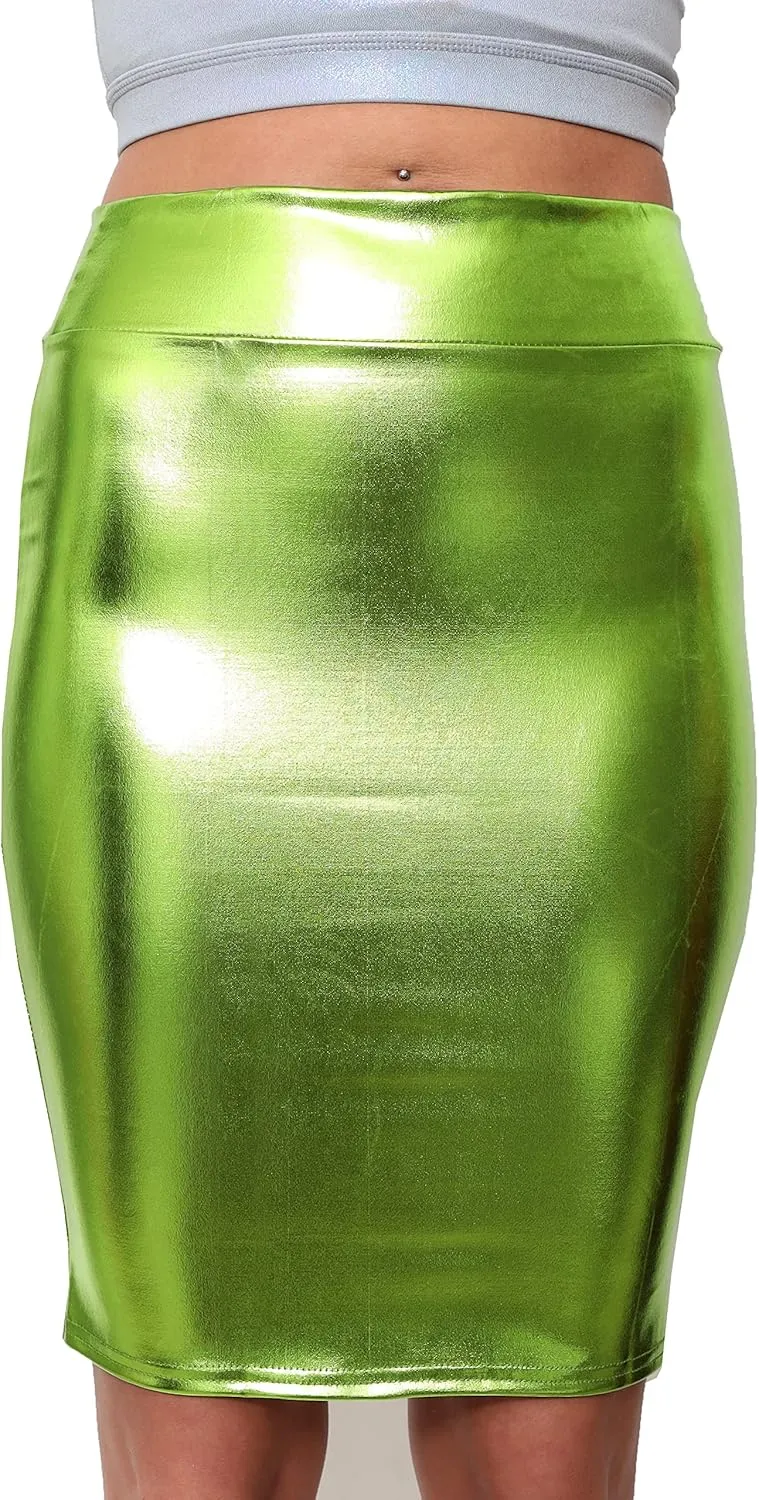 SACASUSA High Waisted Shiny Metallic Liquid Wet Look Pencil Skirt 10 Colors