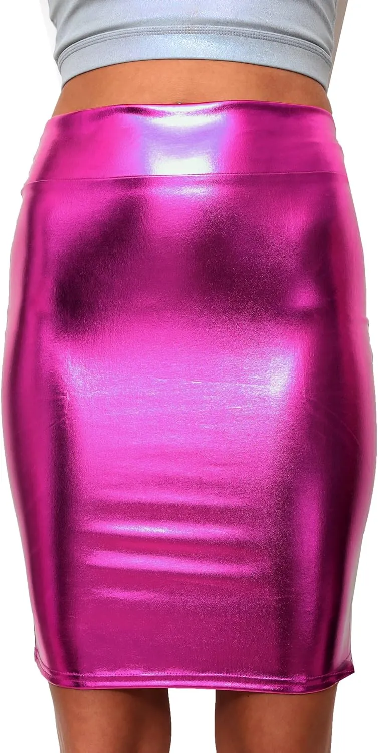SACASUSA High Waisted Shiny Metallic Liquid Wet Look Pencil Skirt 10 Colors