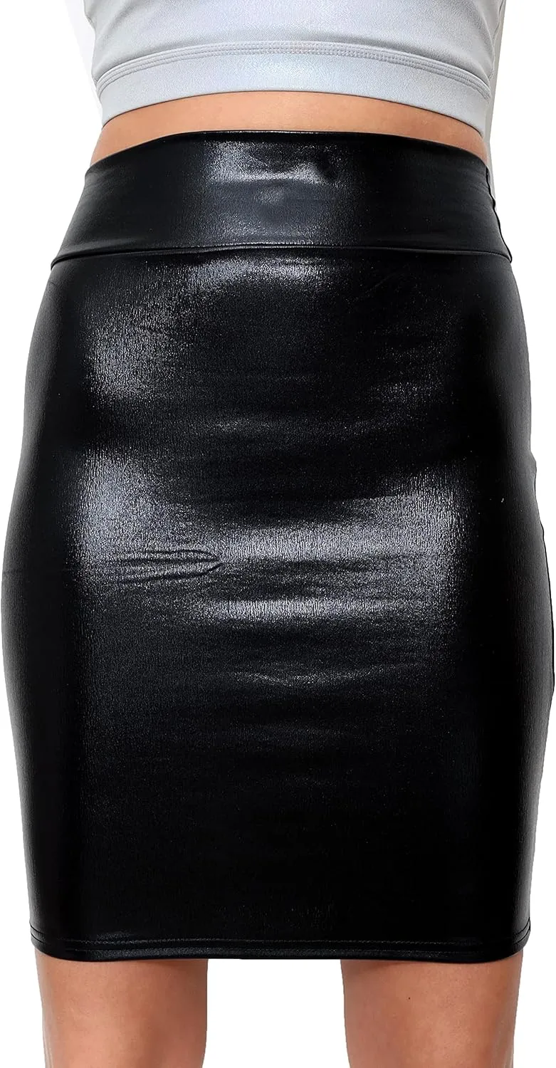 SACASUSA High Waisted Shiny Metallic Liquid Wet Look Pencil Skirt 10 Colors