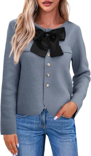 Saodimallsu Womens Button Down Cropped Cardigan Sweaters Cute Bow Long Sleeve Crew Neck Knit Sweater Jacket Coat Army Green