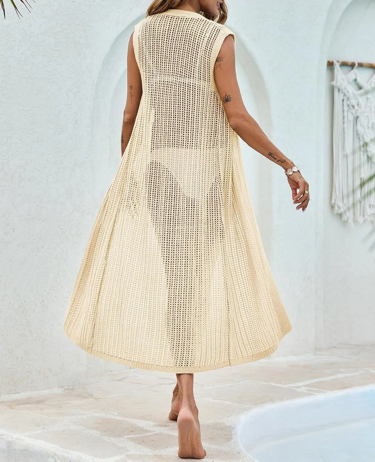 Saodimallsu Womens Crochet Beach Cover Up Summer Sleeveless Sweater Vest Knit Button Up Long Cardigans