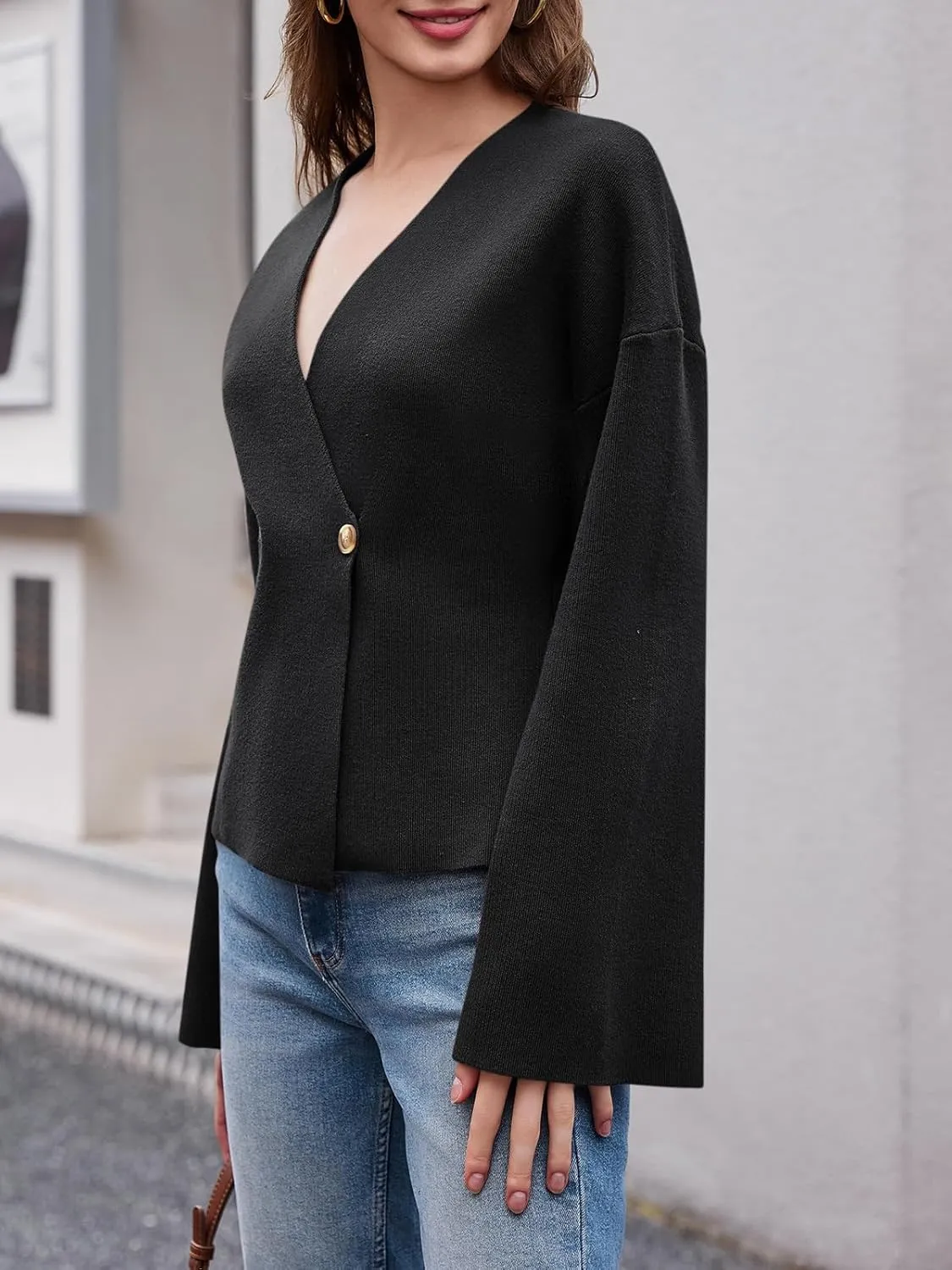 Saodimallsu Womens V Neck Cardigans Long Bell Sleeve Button Down Open Front Loose Knit Fall Sweater Blazer