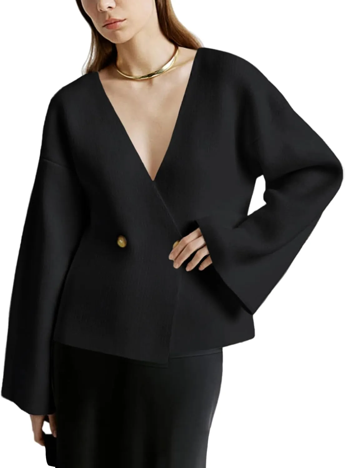 Saodimallsu Womens V Neck Cardigans Long Bell Sleeve Button Down Open Front Loose Knit Fall Sweater Blazer