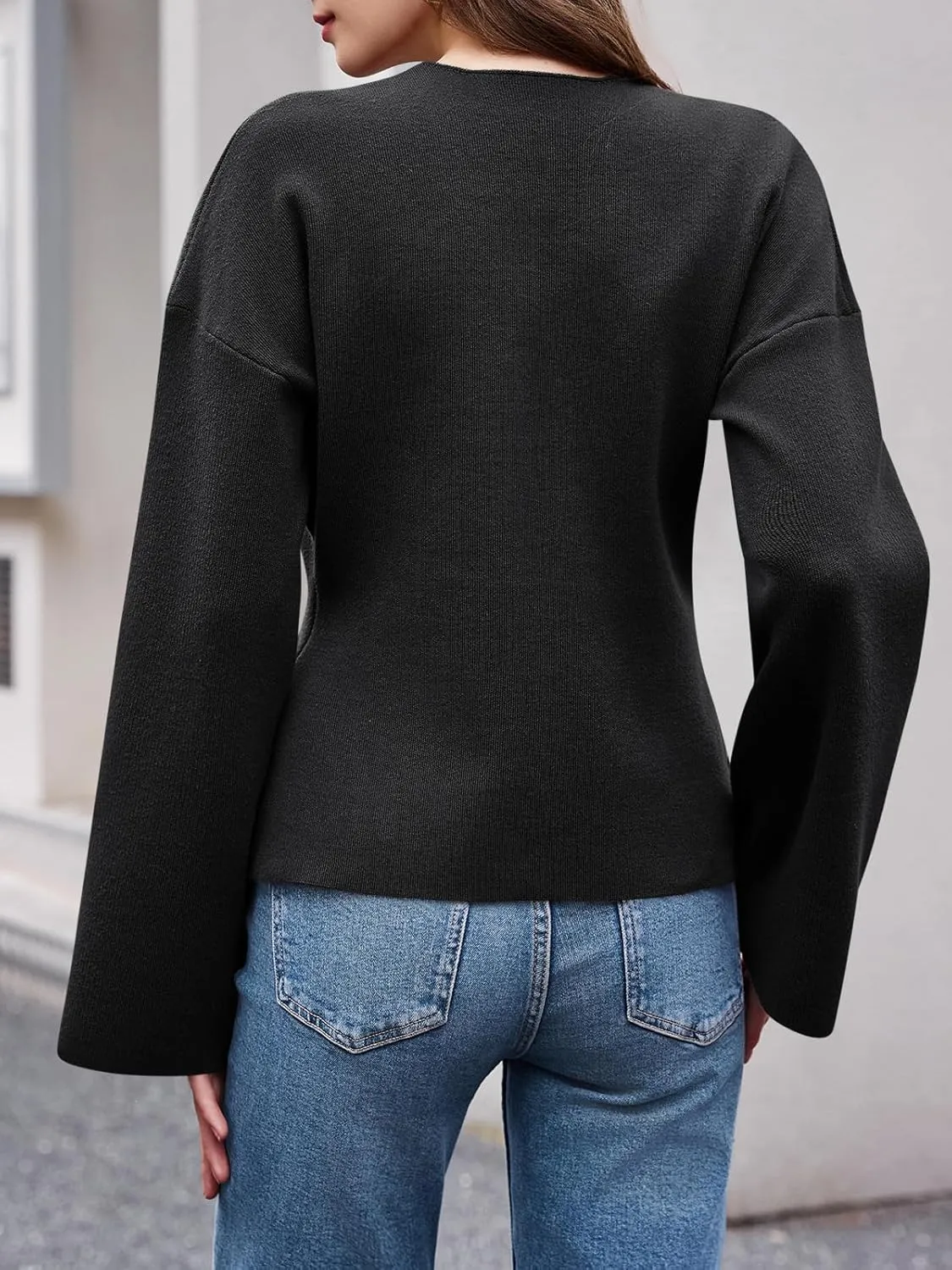 Saodimallsu Womens V Neck Cardigans Long Bell Sleeve Button Down Open Front Loose Knit Fall Sweater Blazer