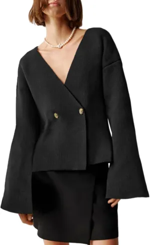 Saodimallsu Womens V Neck Cardigans Long Bell Sleeve Button Down Open Front Loose Knit Fall Sweater Blazer