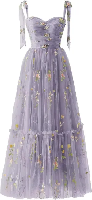 Sevintage Flower Embroidered Tulle Prom Dresses Spaghetti Straps Tea Length Formal Cocktail Party Gown