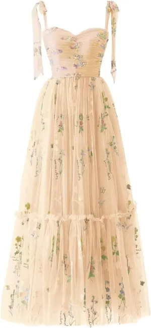 Sevintage Flower Embroidered Tulle Prom Dresses Spaghetti Straps Tea Length Formal Cocktail Party Gown