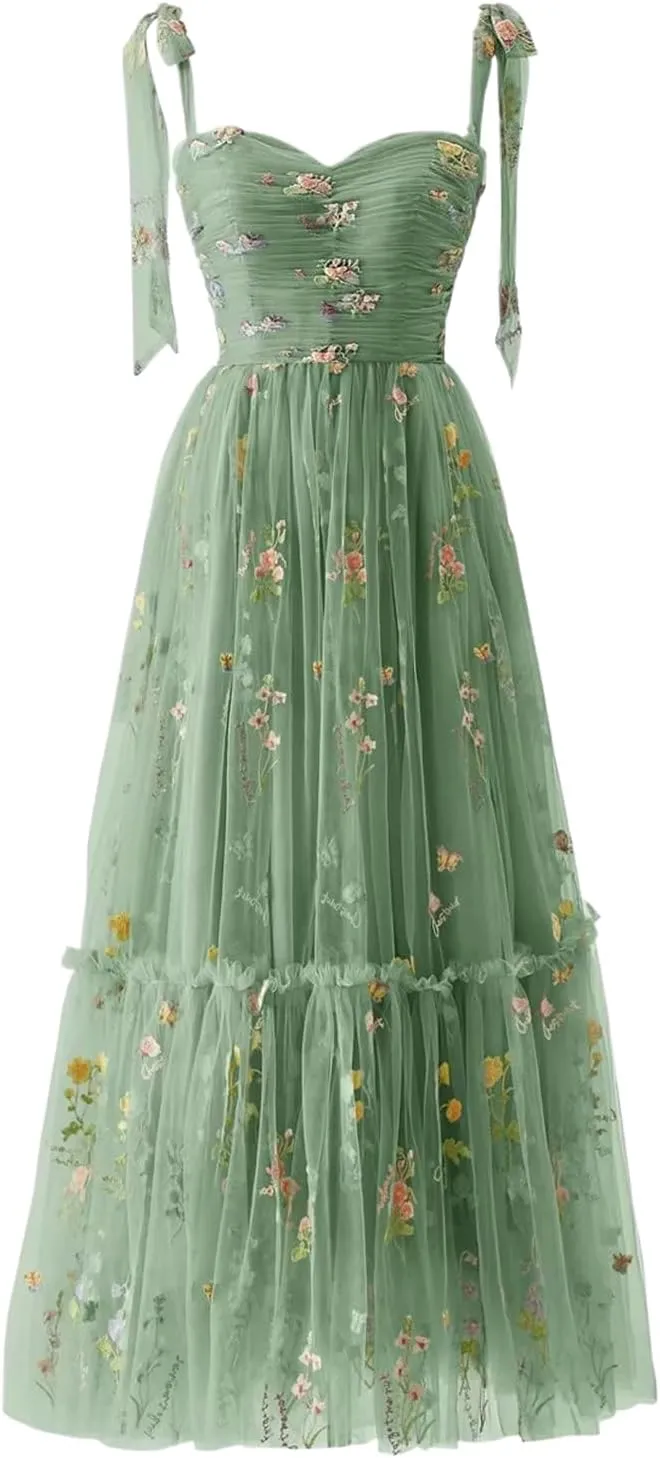 Sevintage Flower Embroidered Tulle Prom Dresses Spaghetti Straps Tea Length Formal Cocktail Party Gown