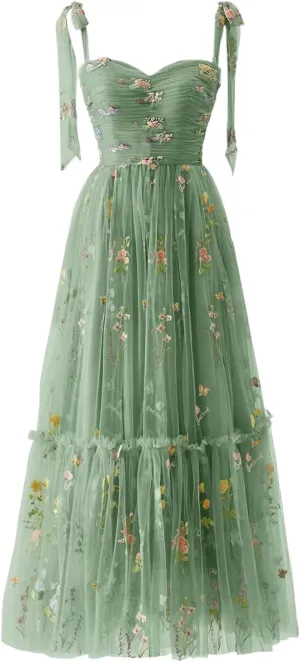 Sevintage Flower Embroidered Tulle Prom Dresses Spaghetti Straps Tea Length Formal Cocktail Party Gown