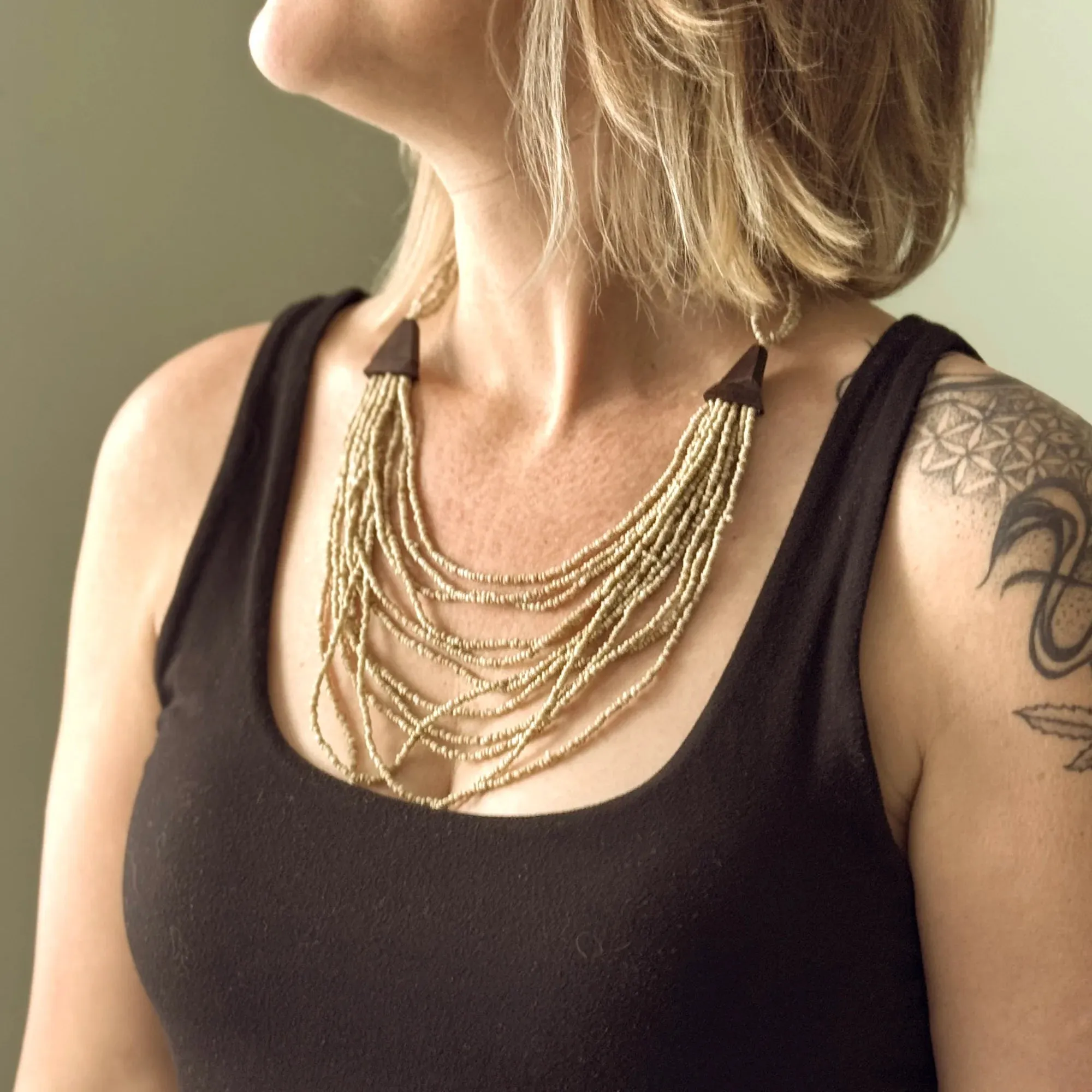 Short Multi Strand Necklace with Wood Detail