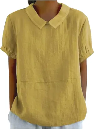 Short Sleeve Linen Tshirt for Women Peter Pan Collar Blouses Vintage Casual Loose Fit Cute Tops Summer Clothes 2025
