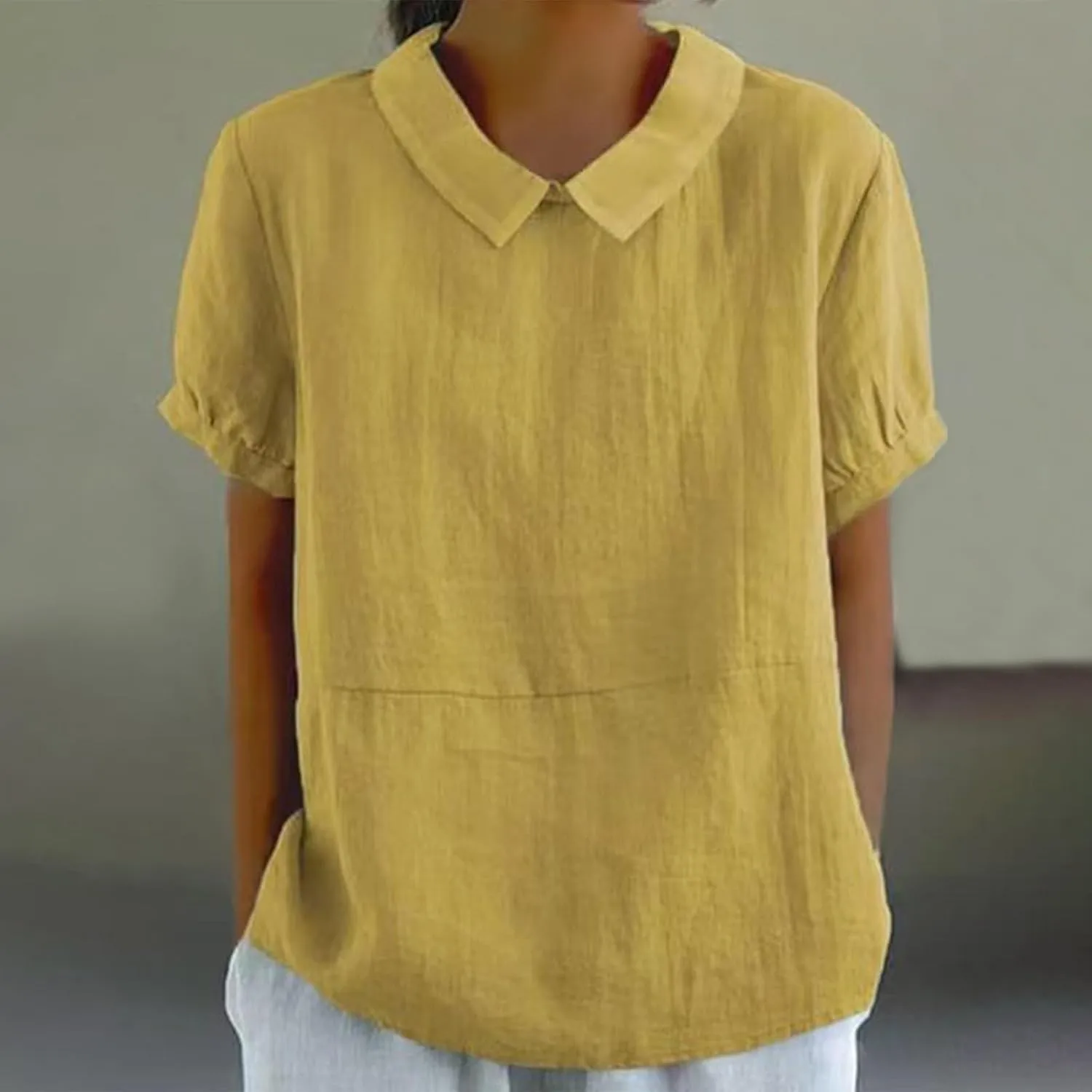 Short Sleeve Linen Tshirt for Women Peter Pan Collar Blouses Vintage Casual Loose Fit Cute Tops Summer Clothes 2025