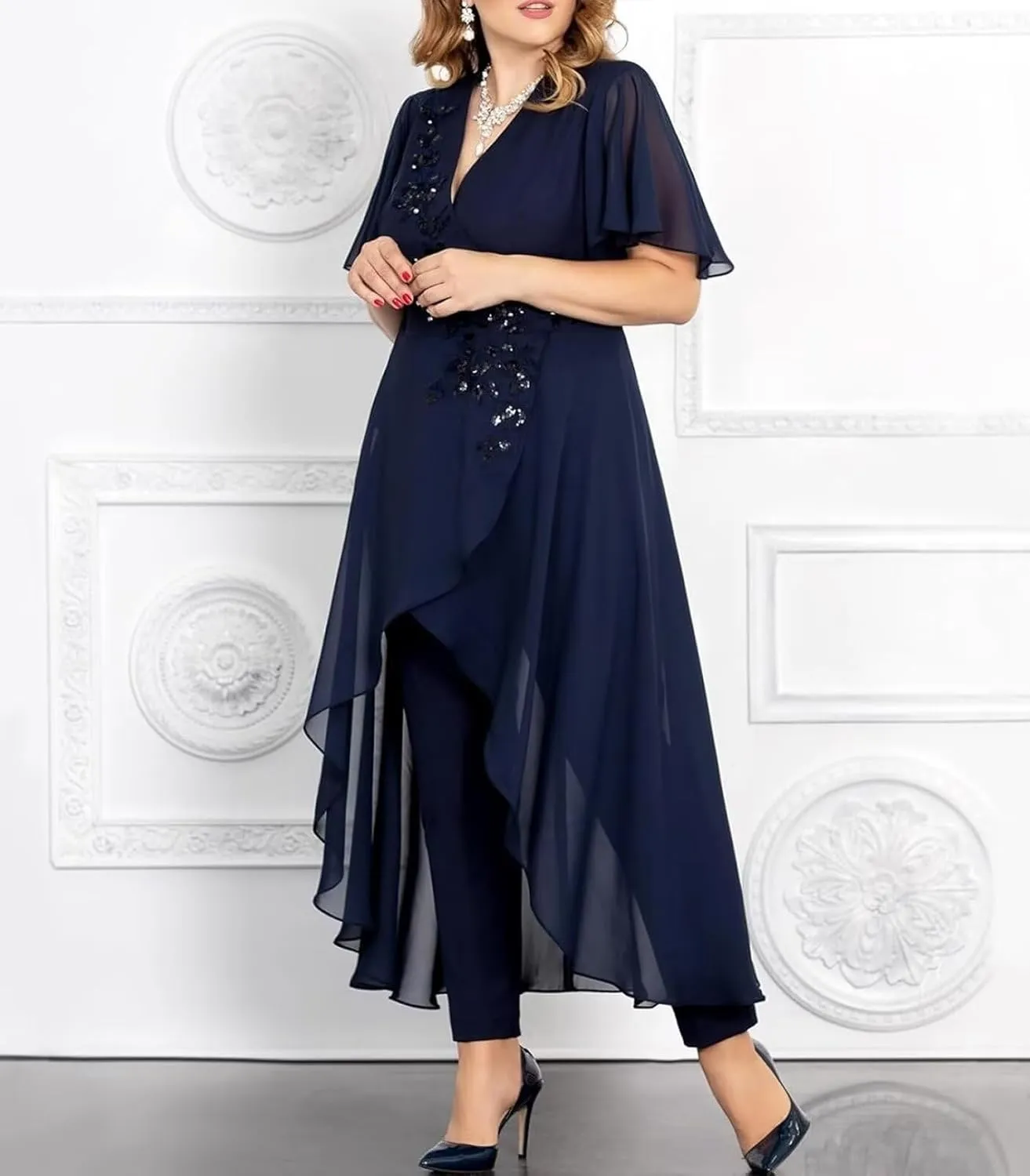 Short Sleeve Mother of The Bride Pant Suits for Wedding Chiffon Lace V Neck Pant Suits for Women Dressy Jumpsuits
