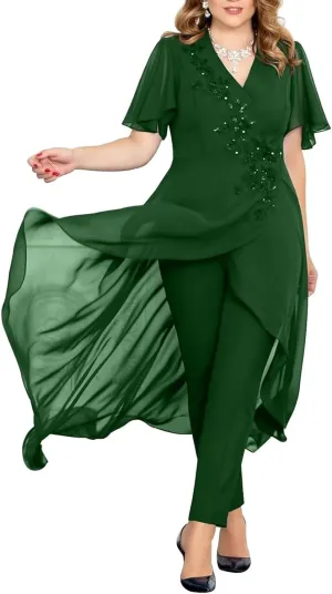 Short Sleeve Mother of The Bride Pant Suits for Wedding Chiffon Lace V Neck Pant Suits for Women Dressy Jumpsuits