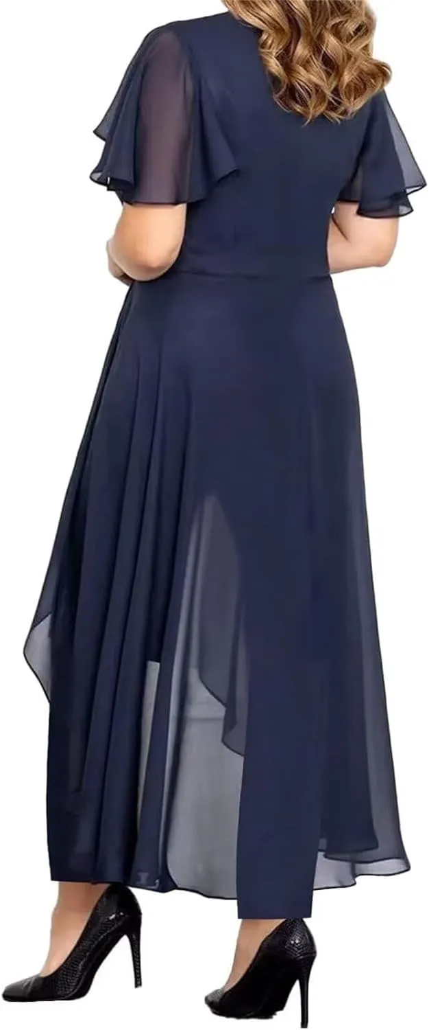 Short Sleeve Mother of The Bride Pant Suits for Wedding Chiffon Lace V Neck Pant Suits for Women Dressy Jumpsuits