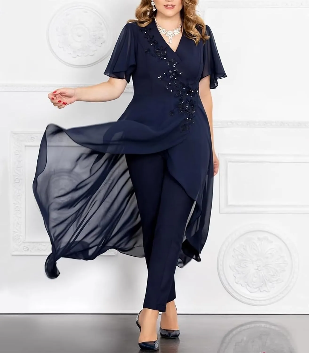 Short Sleeve Mother of The Bride Pant Suits for Wedding Chiffon Lace V Neck Pant Suits for Women Dressy Jumpsuits