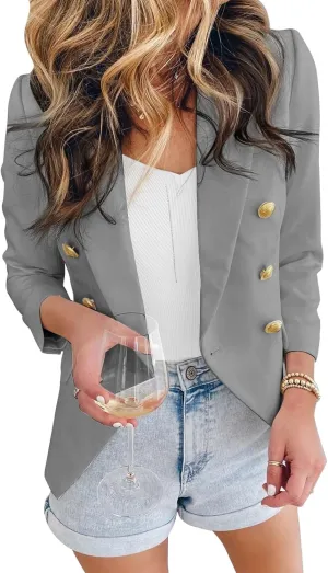 Sidefeel Women Open Front Jacket Casual Blazers Button Detail Work Office Suit Medium Gray