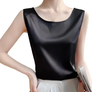 Silk Camisole Top Women's Crew Neck Sleeveless Blouse,Loose Fit Casual Beach Vacation Outfits, S-3XL