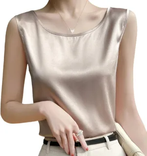 Silk Camisole Top Women's Crew Neck Sleeveless Blouse,Loose Fit Casual Beach Vacation Outfits, S-3XL