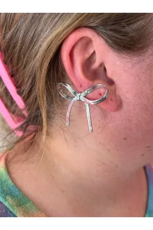 Silver Dainty Ribbon Knot Bow Dangle Earrings