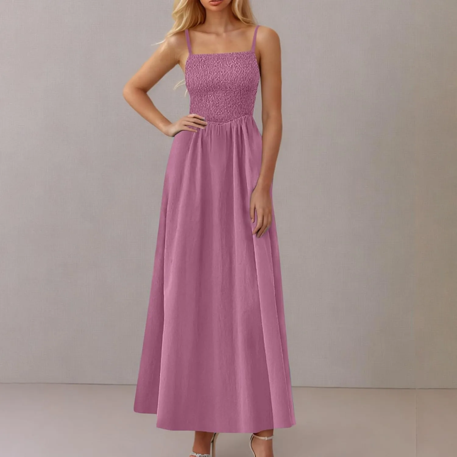 Smocked Dress Women Sleeveless Crew Neck Beach Maxi Sundresses Casual Spaghetti Strap Swing A Line Long Flowy Dress
