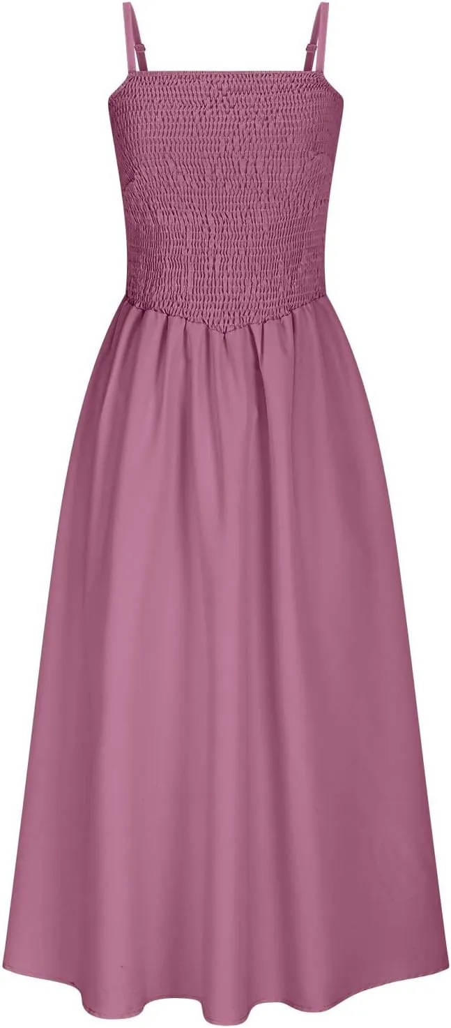 Smocked Dress Women Sleeveless Crew Neck Beach Maxi Sundresses Casual Spaghetti Strap Swing A Line Long Flowy Dress