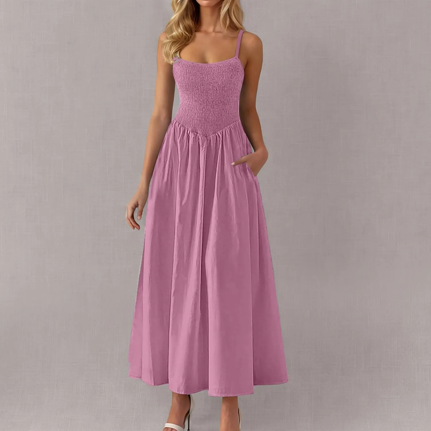 Smocked Dress Women Sleeveless Crew Neck Beach Maxi Sundresses Casual Spaghetti Strap Swing A Line Long Flowy Dress