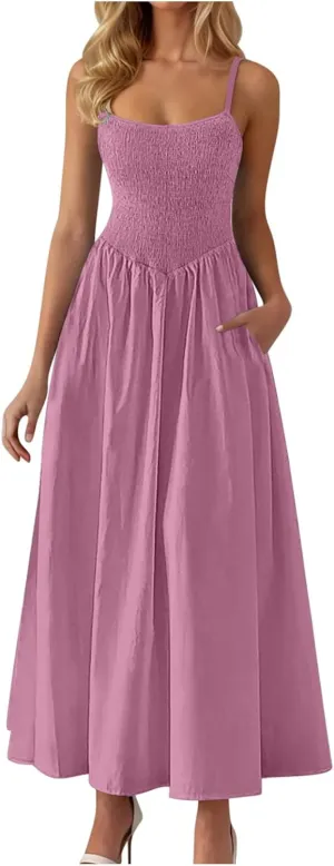 Smocked Dress Women Sleeveless Crew Neck Beach Maxi Sundresses Casual Spaghetti Strap Swing A Line Long Flowy Dress