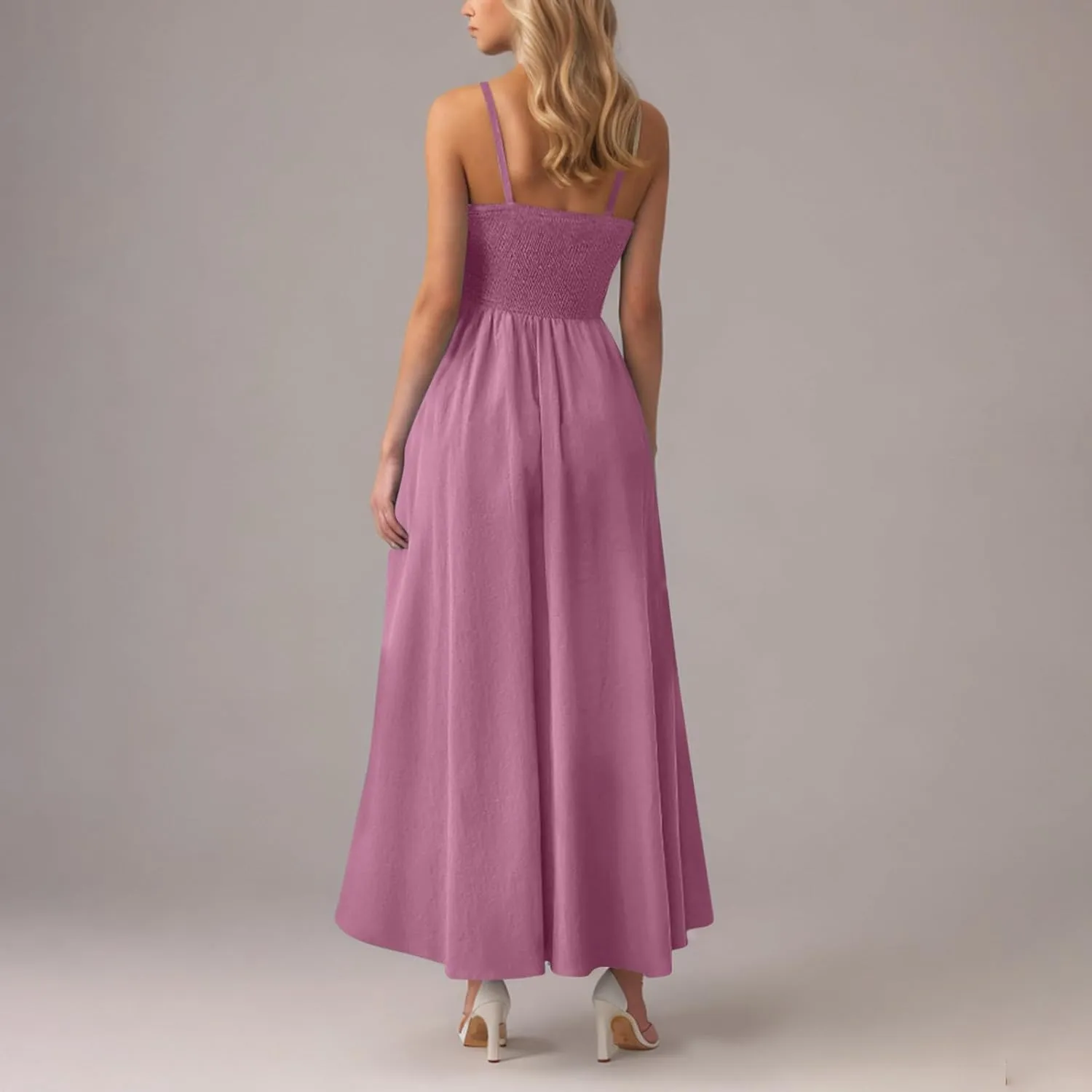 Smocked Dress Women Sleeveless Crew Neck Beach Maxi Sundresses Casual Spaghetti Strap Swing A Line Long Flowy Dress