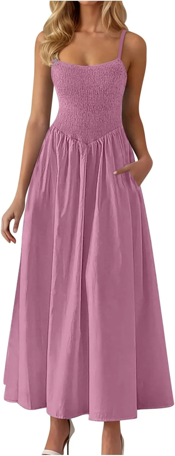 Smocked Dress Women Sleeveless Crew Neck Beach Maxi Sundresses Casual Spaghetti Strap Swing A Line Long Flowy Dress