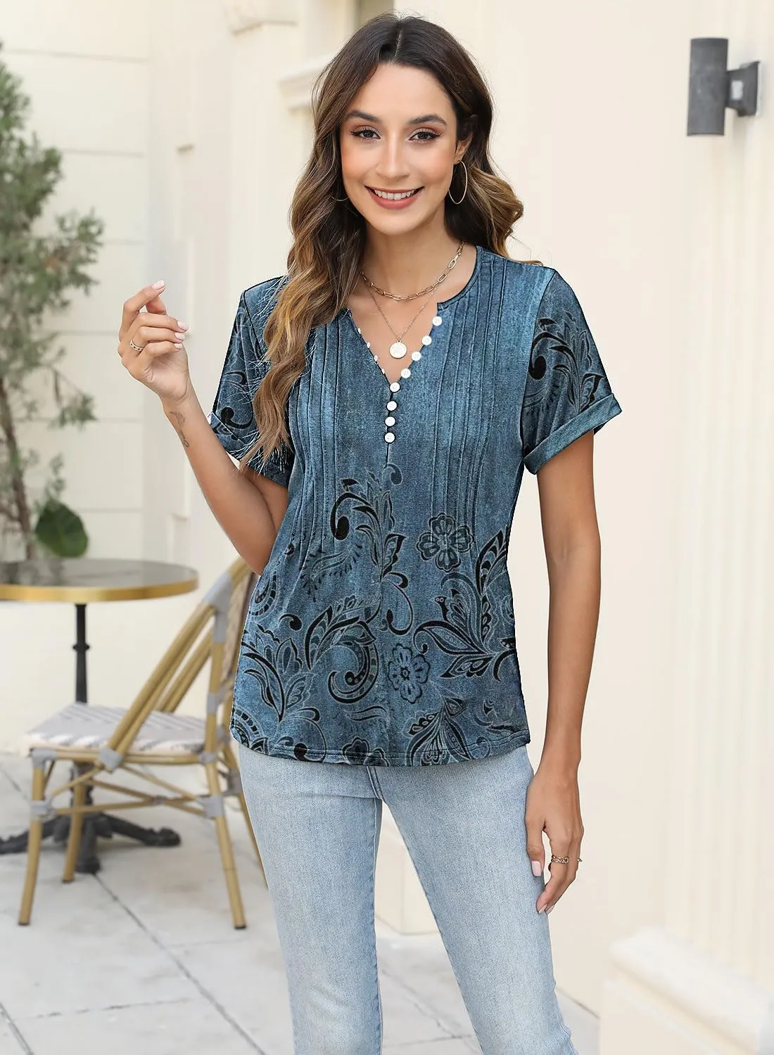 Soesdemo Womens Tshirts Short Rolled Sleeve Pleated Button Down V Neck Casual Dressy Summer Top Business Work Blouses Shirts