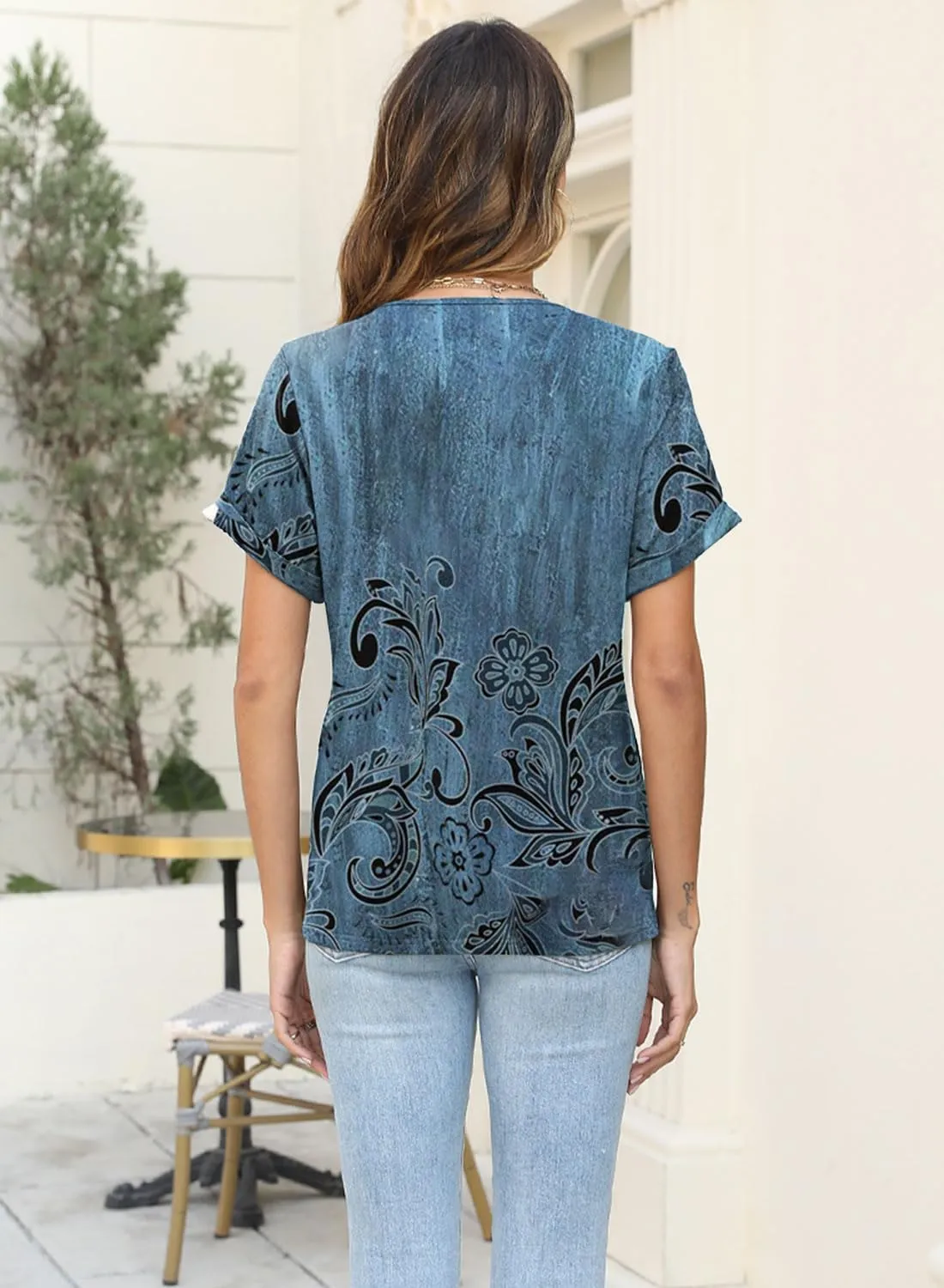 Soesdemo Womens Tshirts Short Rolled Sleeve Pleated Button Down V Neck Casual Dressy Summer Top Business Work Blouses Shirts
