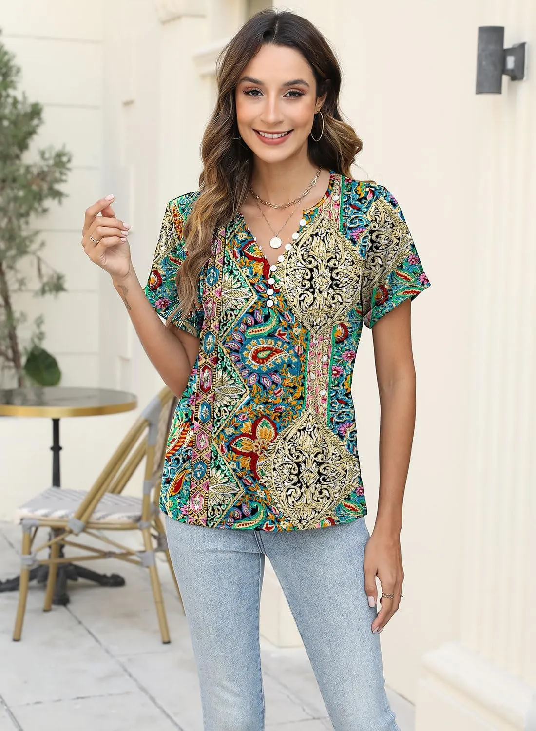 Soesdemo Womens Tshirts Short Rolled Sleeve Pleated Button Down V Neck Casual Dressy Summer Top Business Work Blouses Shirts