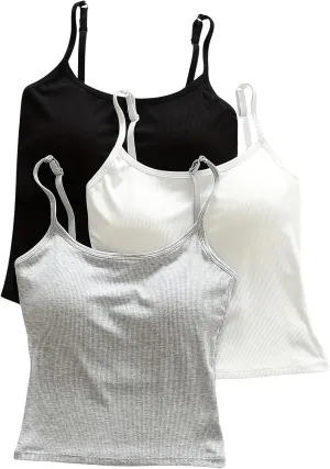SOLY HUX Women's Basic Camisole Tops 3 Packs Padded Sleeveless Shirts Ribbed Knit Fitted Cami Top