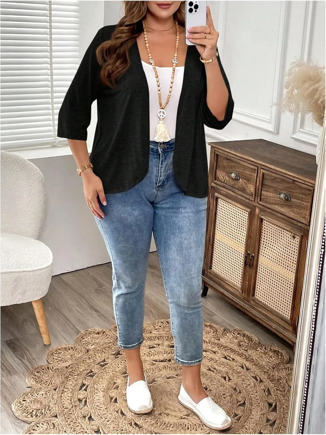 SOLY HUX Women's Plus Size Open Front Cardigan Lightweight 3/4 Sleeve Casual Summer Cardigans